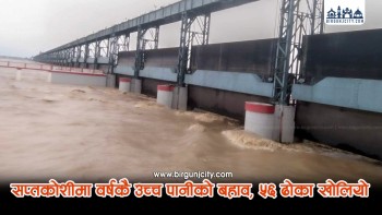 सप्तकोशीमा वर्षकै उच्च पानीको बहाव, ५६ ढोका खोलियाे